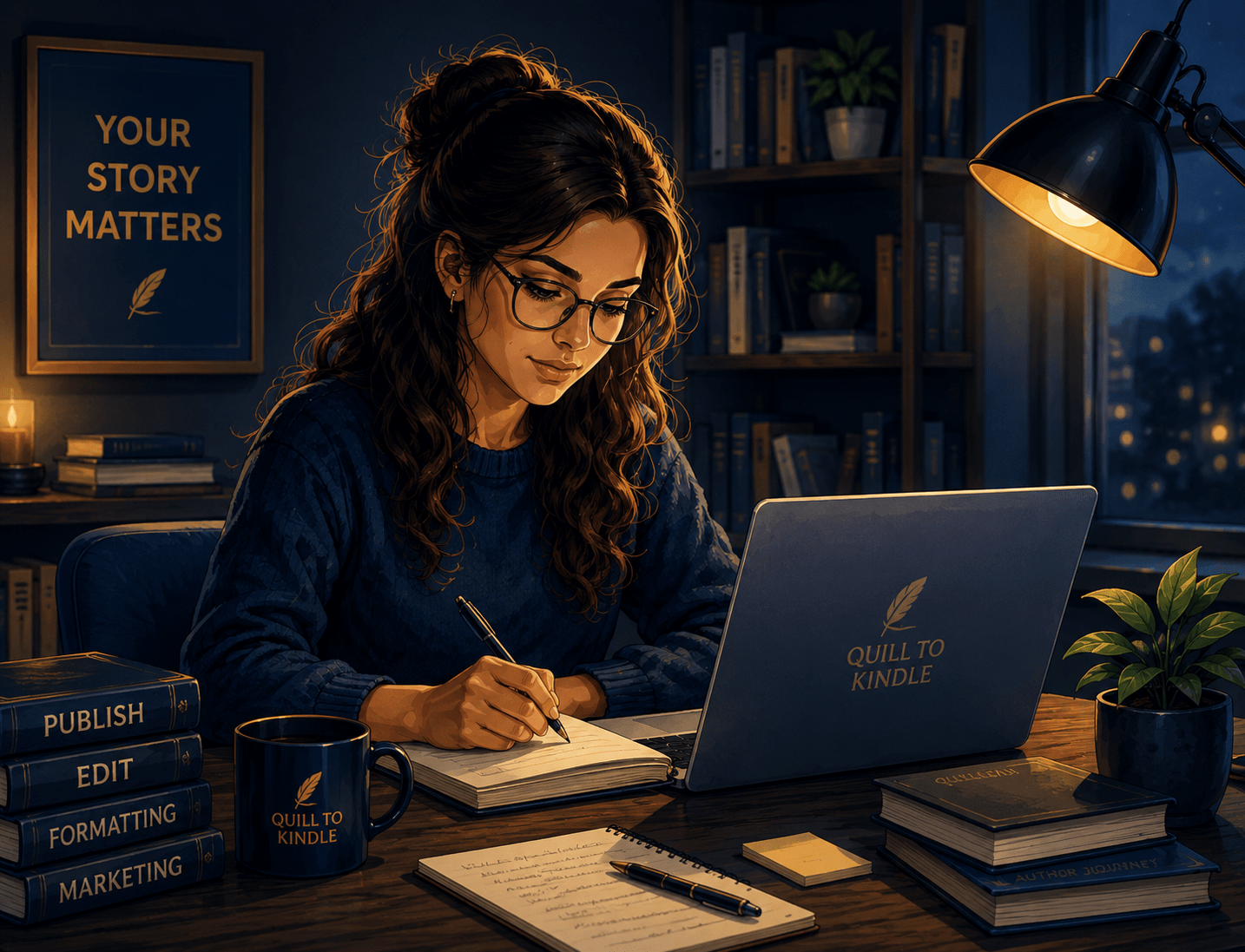 Illustrated author working on her book