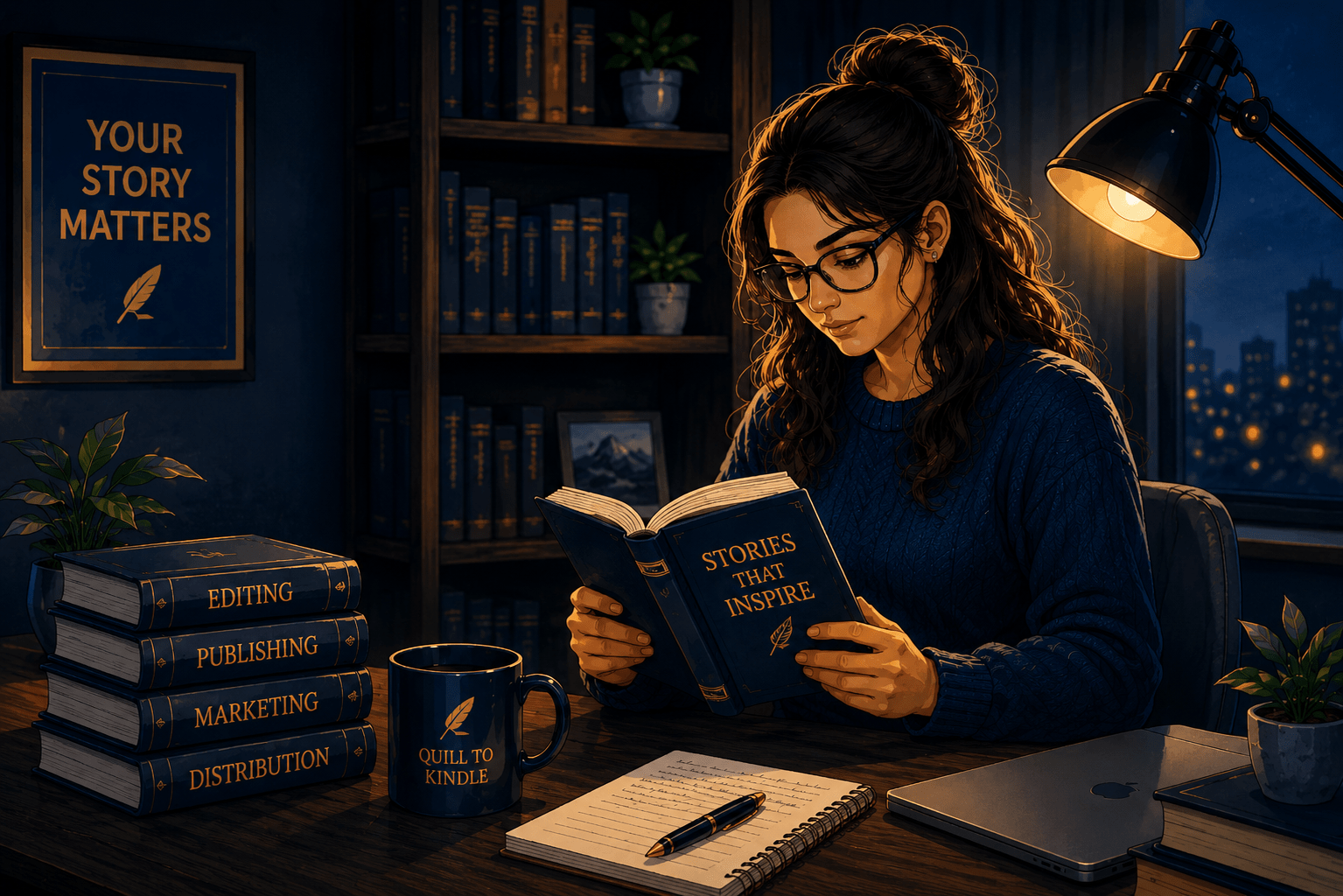 Illustrated author reading a book